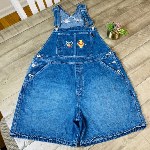 Vintage Disney Y2K Winnie the Pooh "don't Bug Me" Embroidered Overall Shorts L - Picture 1 of 13